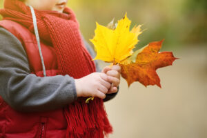 child with fall leaves